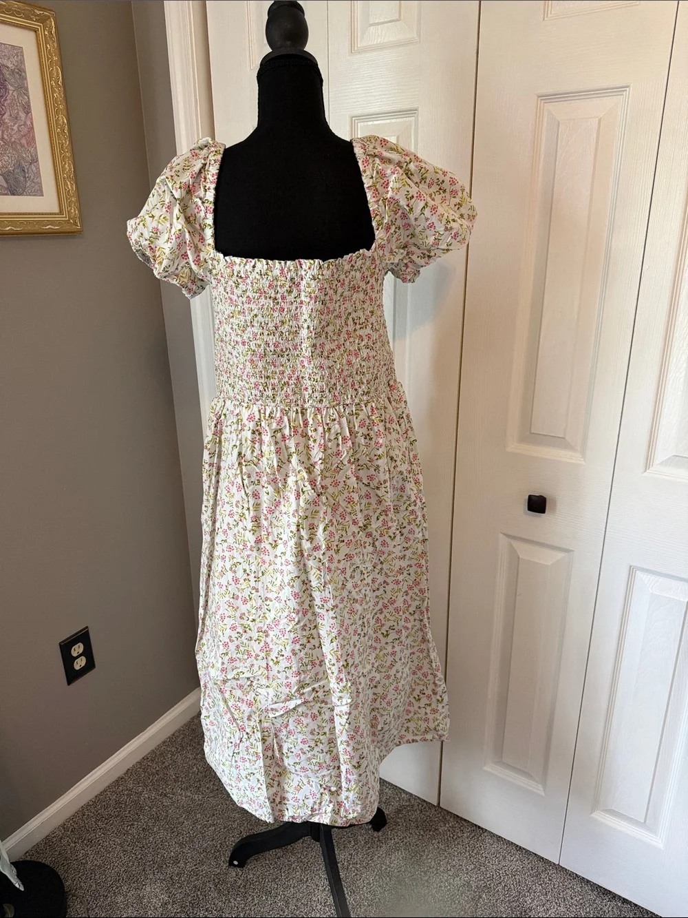 J. Crew White Smocked Midi Dress with Pink & Green Floral Print